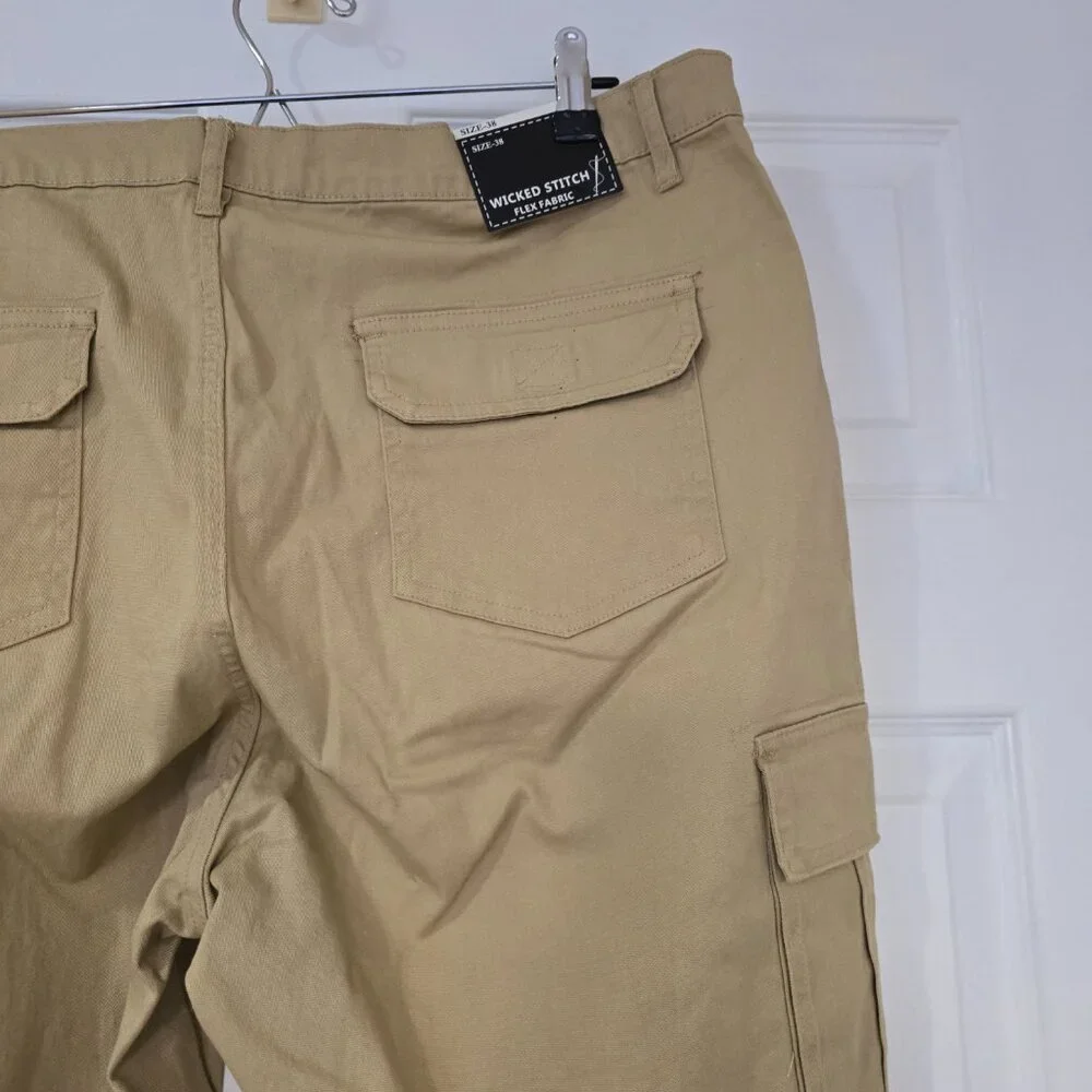 Wicked Stitch Men's Flex Fabric Cargo Shorts Stretch Khaki Pockets Size‎ 38 NWT